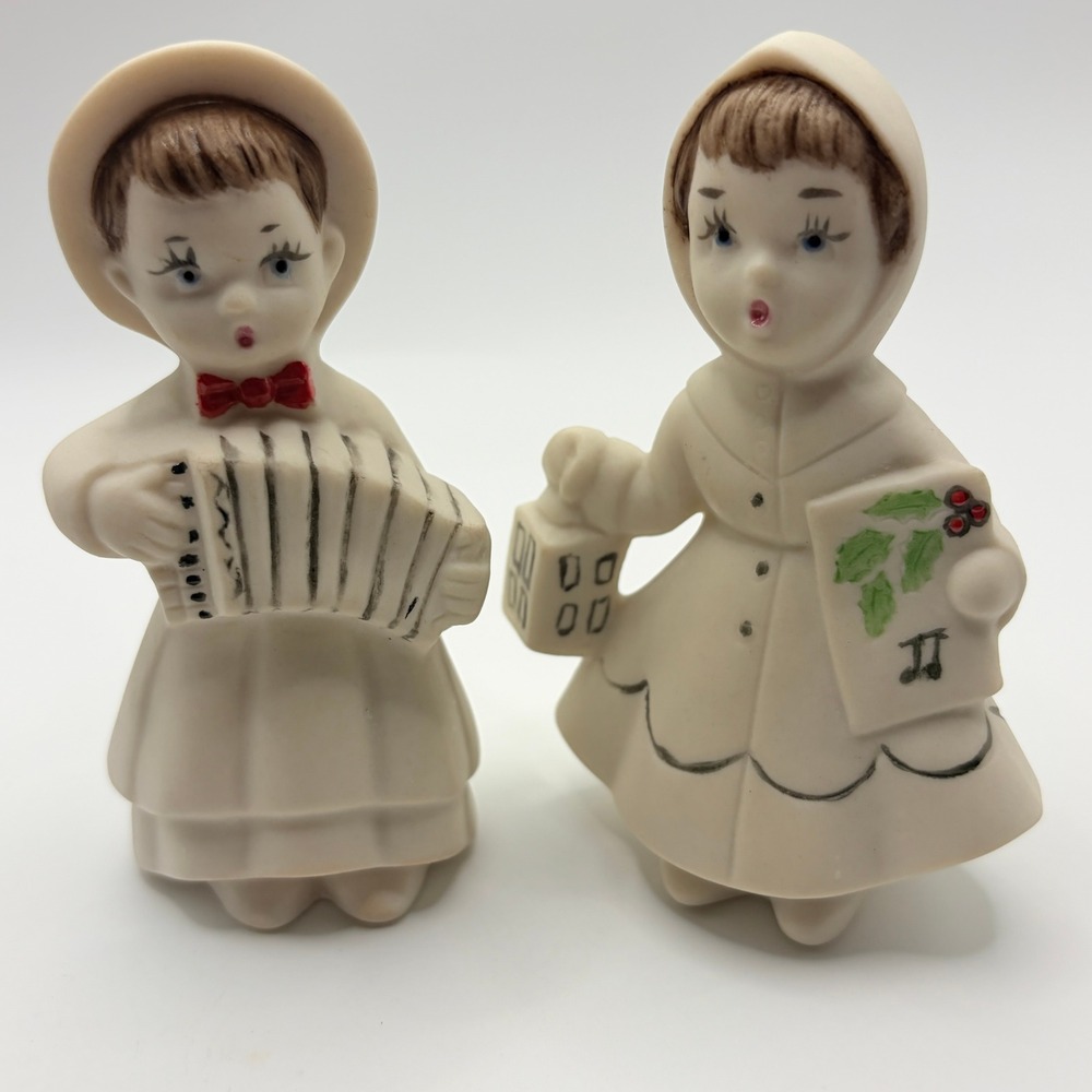 Vintage Mid-Century Style Caroler Holiday Figurines Set Bisque Porcelain 3.5in